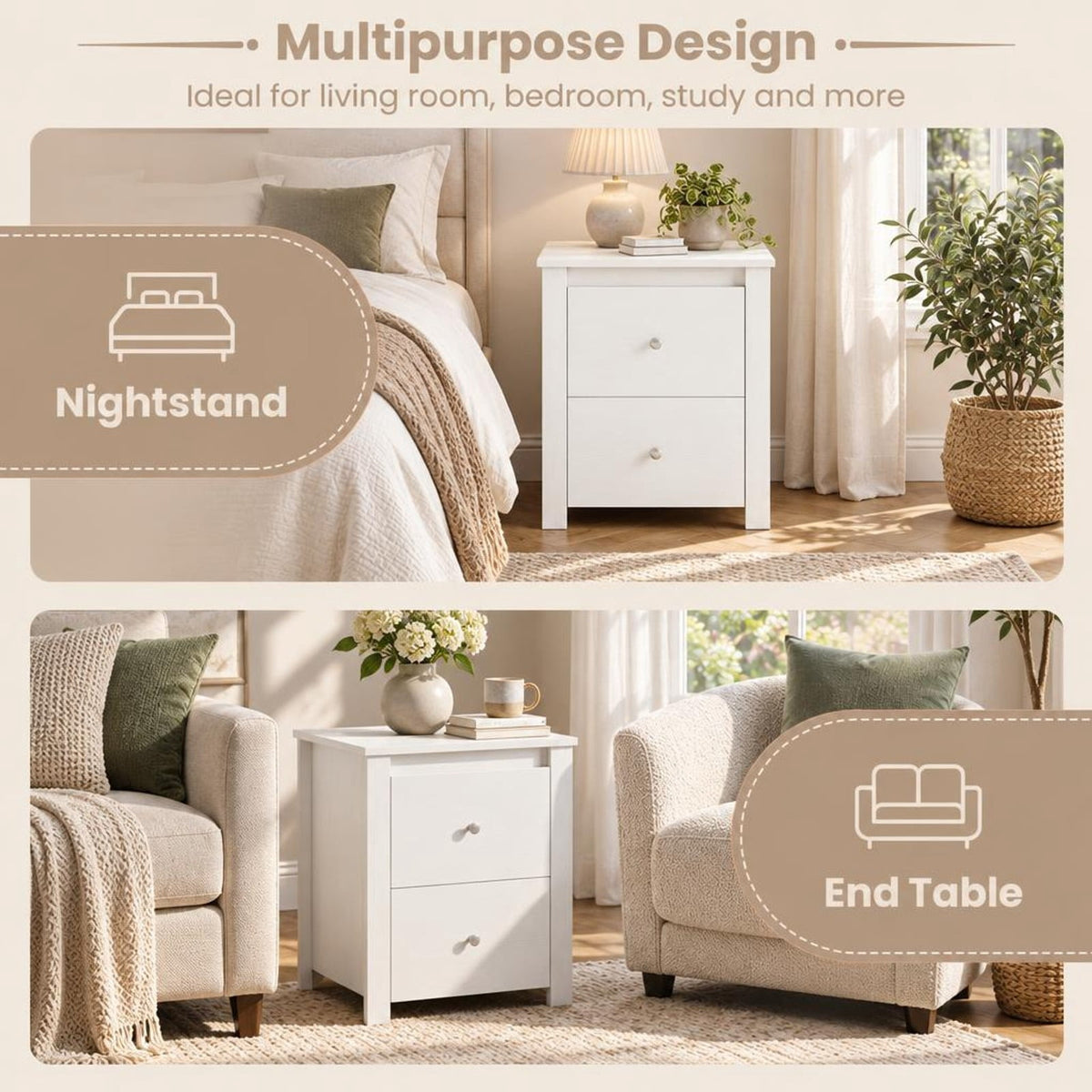 Airfind Nightstand with 2 Drawers Storage for Bedroom Living Room Small Spaces, 66 lbs Capacity, Engineered Wood Metal Frame, White