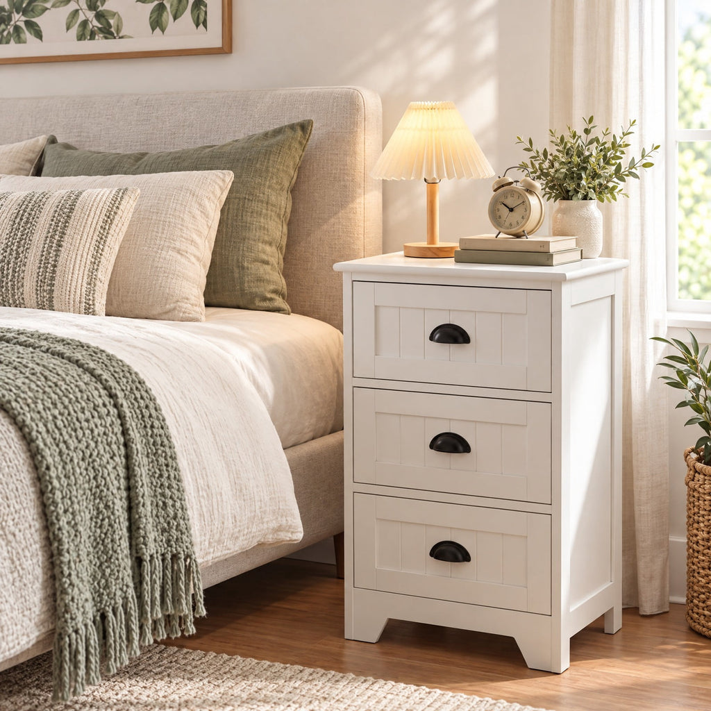 Airfind 3 Drawers End Storage Wood Side Nightstand, 88 lbs Capacity, P2 MDF Frame, 18 x 12 x 27 Footprint, White