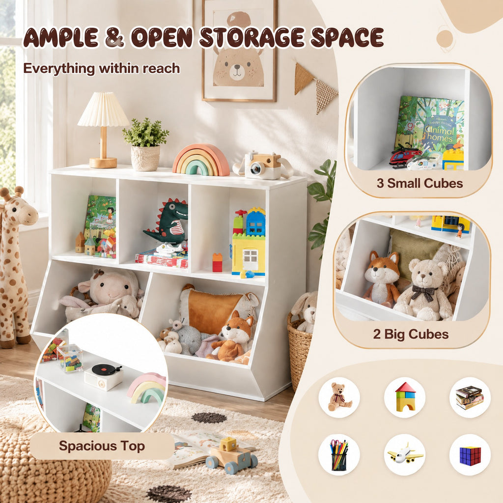 Airfind 5-Cube Wooden Kids Toy Storage Organizer with Anti-Tipping Kits, 110 lbs Capacity, MDF Engineered Wood Frame, 35.5 Inch x 16 Inch x 30 Inch Footprint