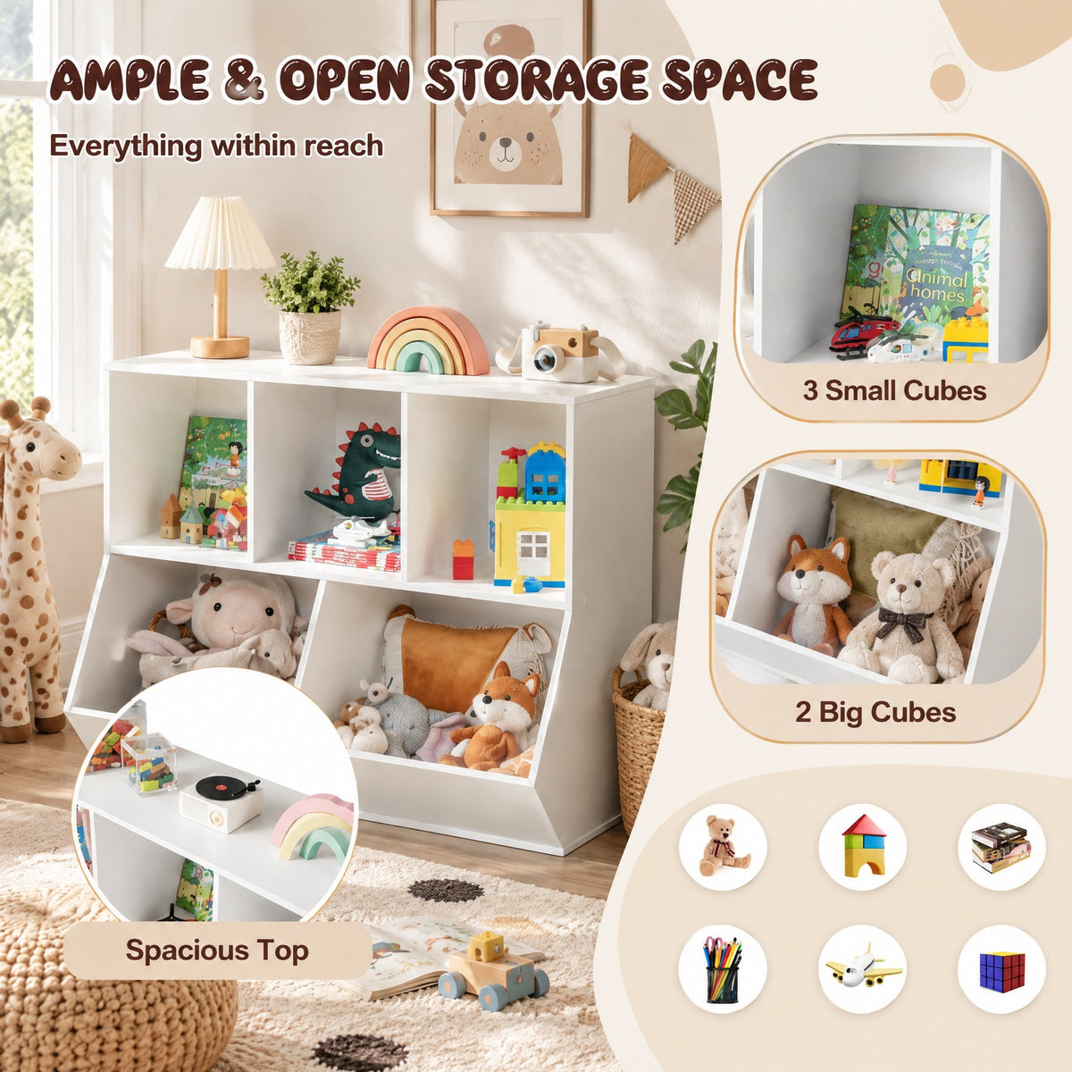 Airfind 5-Cube Wooden Kids Toy Storage Organizer with Anti-Tipping Kits, 110 lbs Capacity, MDF Engineered Wood Frame, 35.5 Inch x 16 Inch x 30 Inch Footprint