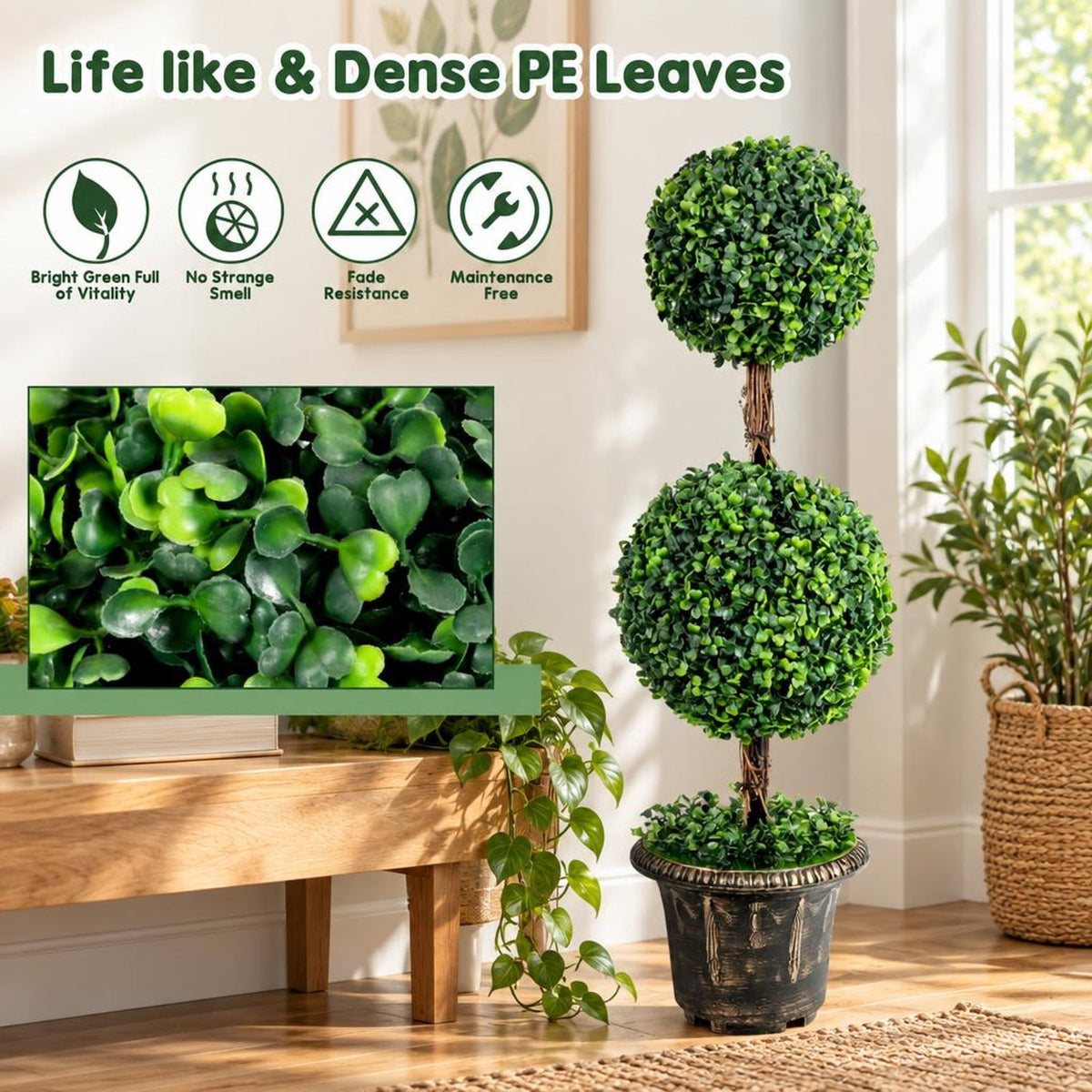 Airfind 36 Inch Artificial Double Ball Tree Indoor and Outdoor UV Protection, PE wood rattan iron tube cement Frame, Green