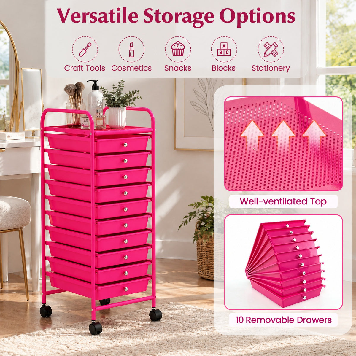 Airfind 10 Drawer Rolling Storage Cart Organizer with 4 Universal Casters, 3 lbs Capacity, Steel Plastic Frame, Pink