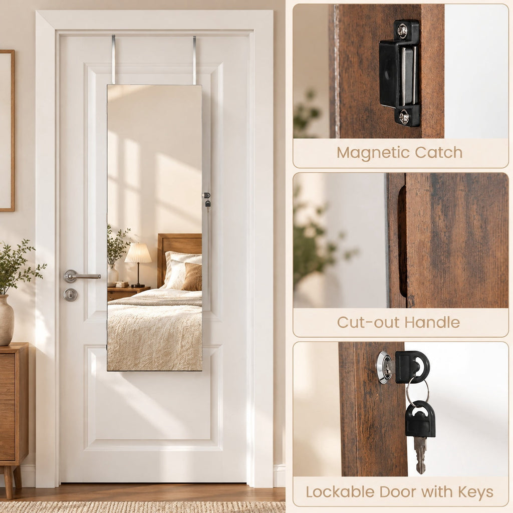 Airfind 43.5 Inch Jewelry Mirror Cabinet with Full-length Mirror and Adjustable Hangers, MDF Frame, Brown