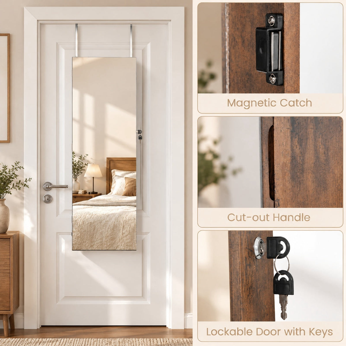 Airfind 43.5 Inch Jewelry Mirror Cabinet with Full-length Mirror and Adjustable Hangers, MDF Frame, Brown