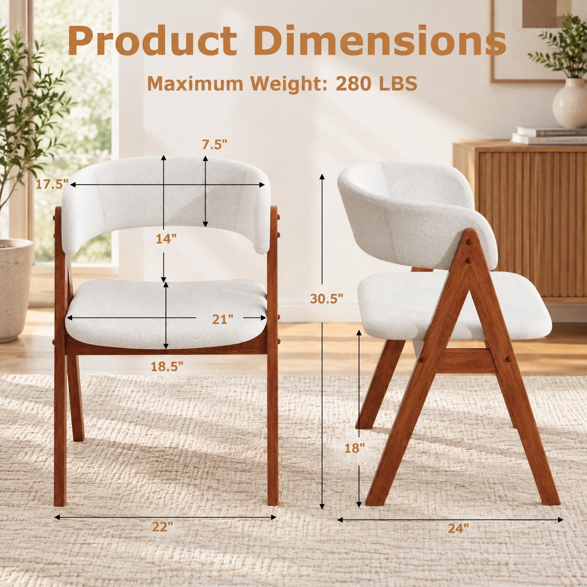 Airfind Wooden Dining Chair Set of 2 Mid-Century Modern Sherpa Upholstered Kitchen Dining Room Chairs, Chair 280 lbs Capacity, Walnut
