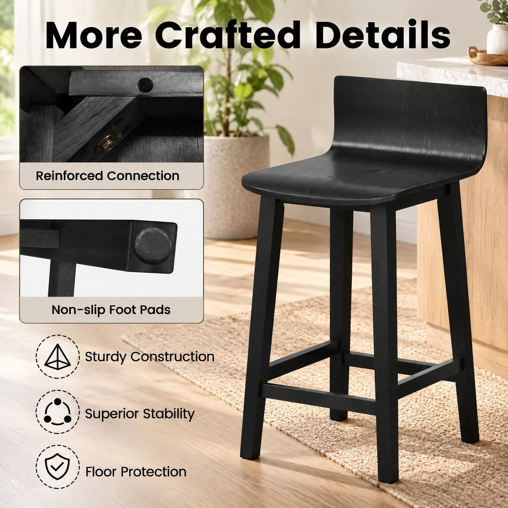 Airfind Wood Bar Stools Set of 2 with Solid Back and Seat, Black, Ergonomically designed backrest fits your body curve, for Everyday Home Use