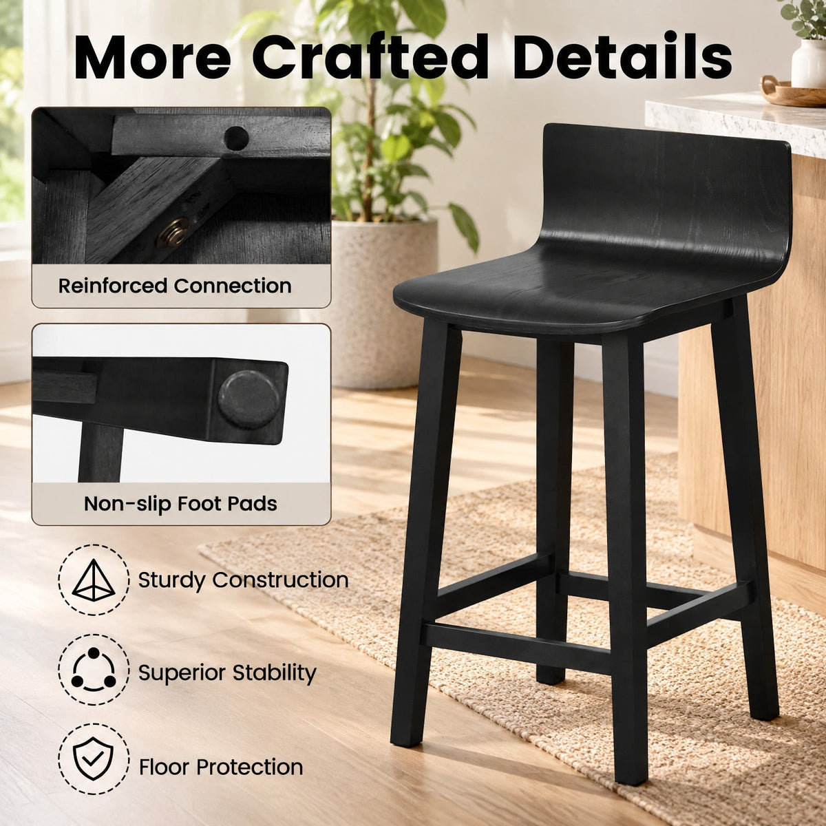 Airfind Wood Bar Stools Set of 2 with Solid Back and Seat, Black, Ergonomically designed backrest fits your body curve, for Everyday Home Use