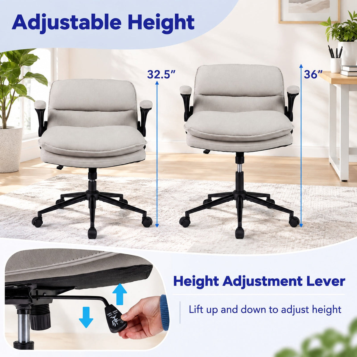 Airfind Criss Cross Chair on Wheels with Flip-up Arms Adjustable Height, 330 lbs Capacity, Faux Leather Metal Sponge PU Nylon Frame, Beige