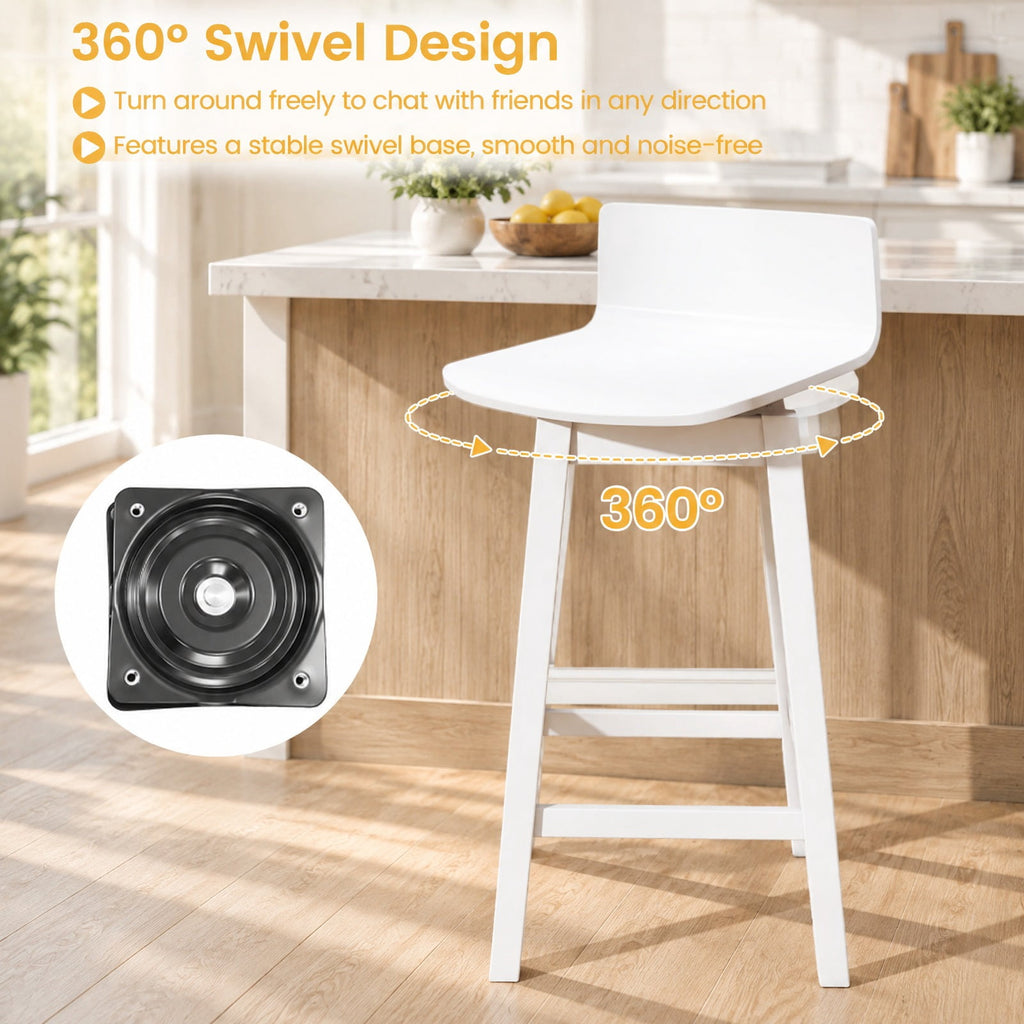 Airfind 24.5 Inch Swivel Wooden Bar Stools Set of 2 with Rubber Wood Legs and Low Back, 350 lbs Capacity, Rubber Wood Plywood Frame, White