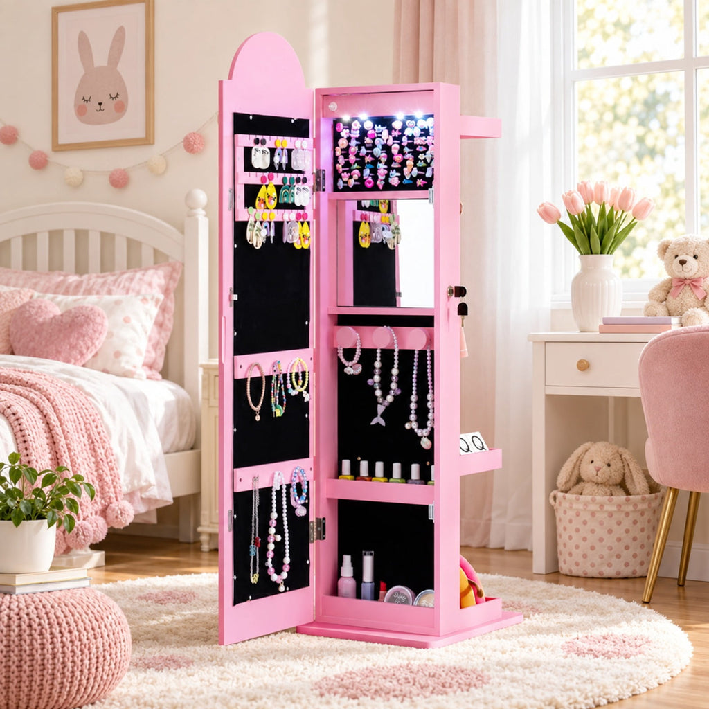 Airfind 3 In 1 Kids Jewelry Cabinet Freestanding Jewelry Armoire with 3-Color Lighted Mirror, MDF Glass Acrylic Frame, Pink