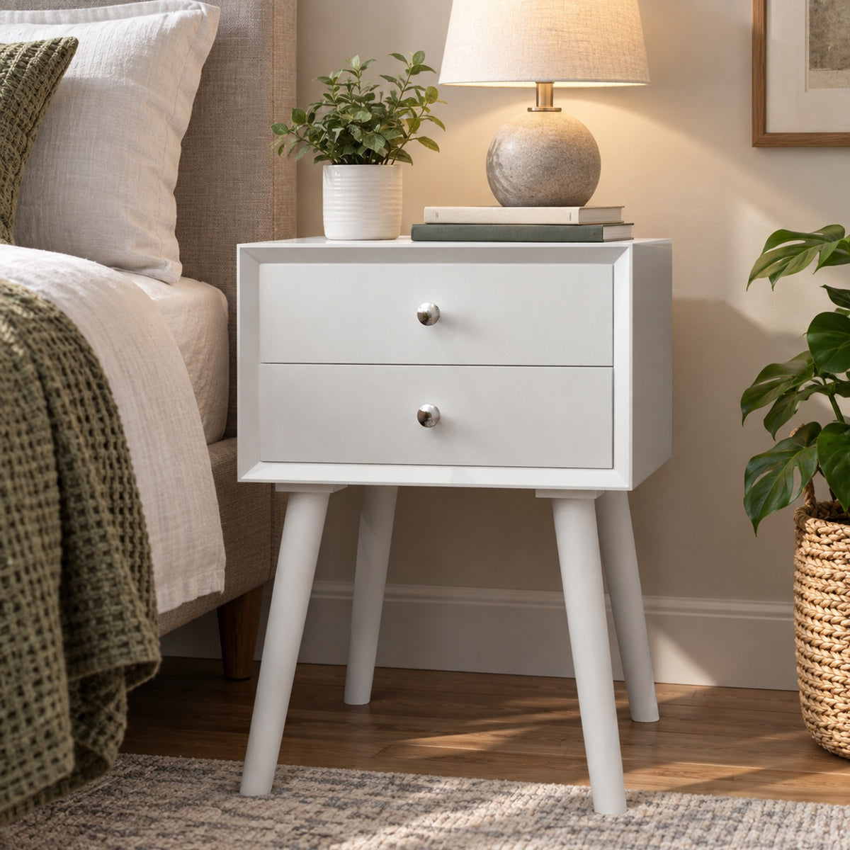 Airfind Wooden Nightstand Mid-Century End Side Table with 2 Storage Drawers, 165 lbs Capacity, Rubber Wood Frame, White