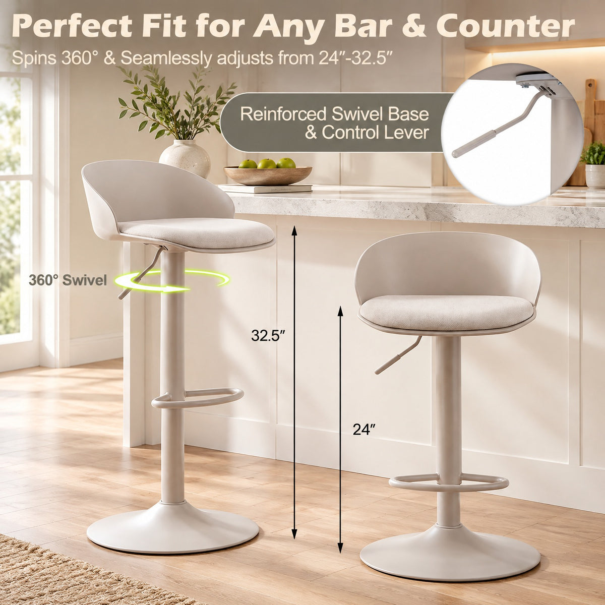 Airfind Set of 2 Adjustable Swivel Bar Stools w/ Back and Footrest 330 LBS for Dining, Stool 330 lbs Capacity, Metal Sponge PP Linen Fabric Frame