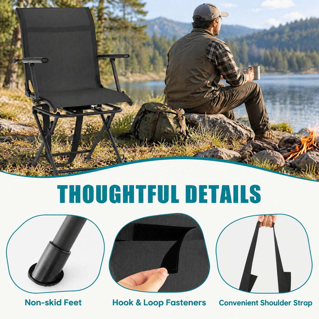 Airfind Foldable Swivel Hunting Chair with Mesh Back, Armrests and Wide Feet, 330 lbs Capacity for Ground Blind and Outdoor Use, Black