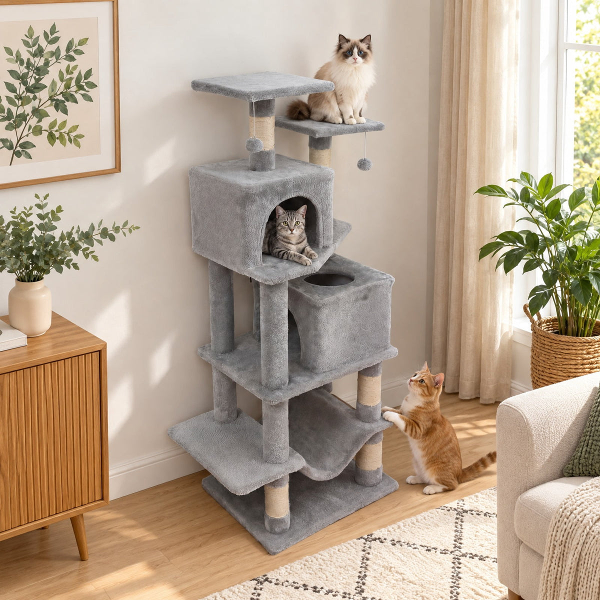 Airfind 57 Inch Cat Tree with Dual Condos and Hammock and 2 Dangling Balls, 29 x 16 Footprint, Light Gray
