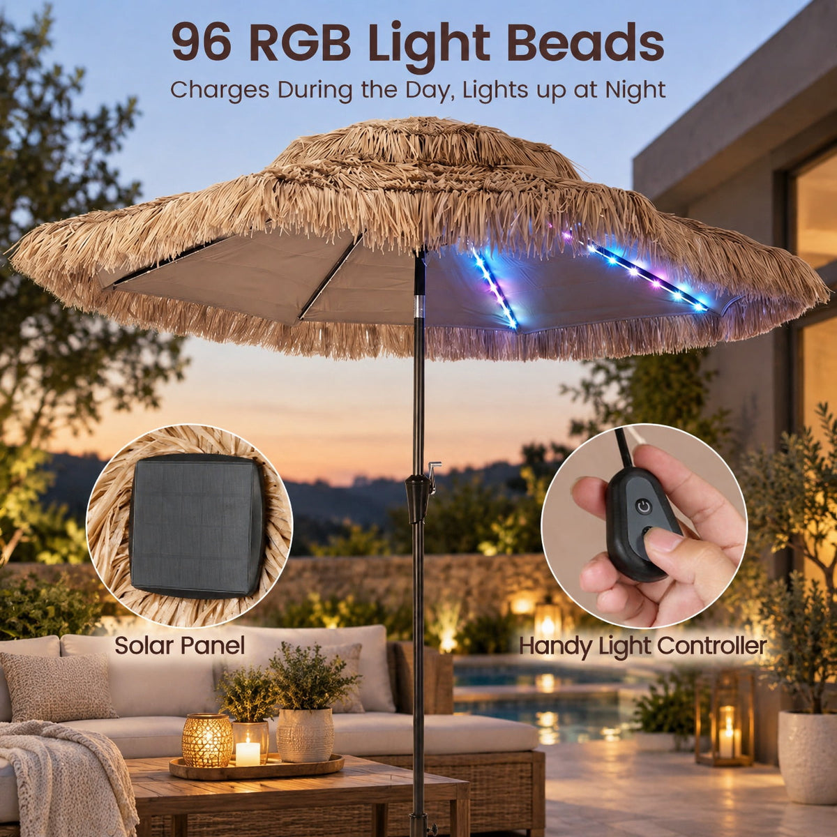 Airfind 9 FT Solar Thatched Tiki Umbrella with 96 Multi-colored Flowing Lights and 12 Modes, PE Thatch Polyester Fabric Metal Frame, Beige