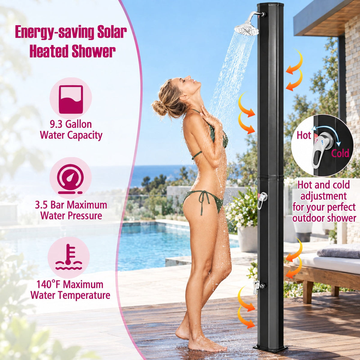 Airfind 7.2 Feet Adjustable Outdoor Solar Heating Shower Head, PVC Frame, Black, unique rotating shower head, No electricity or solar panels required