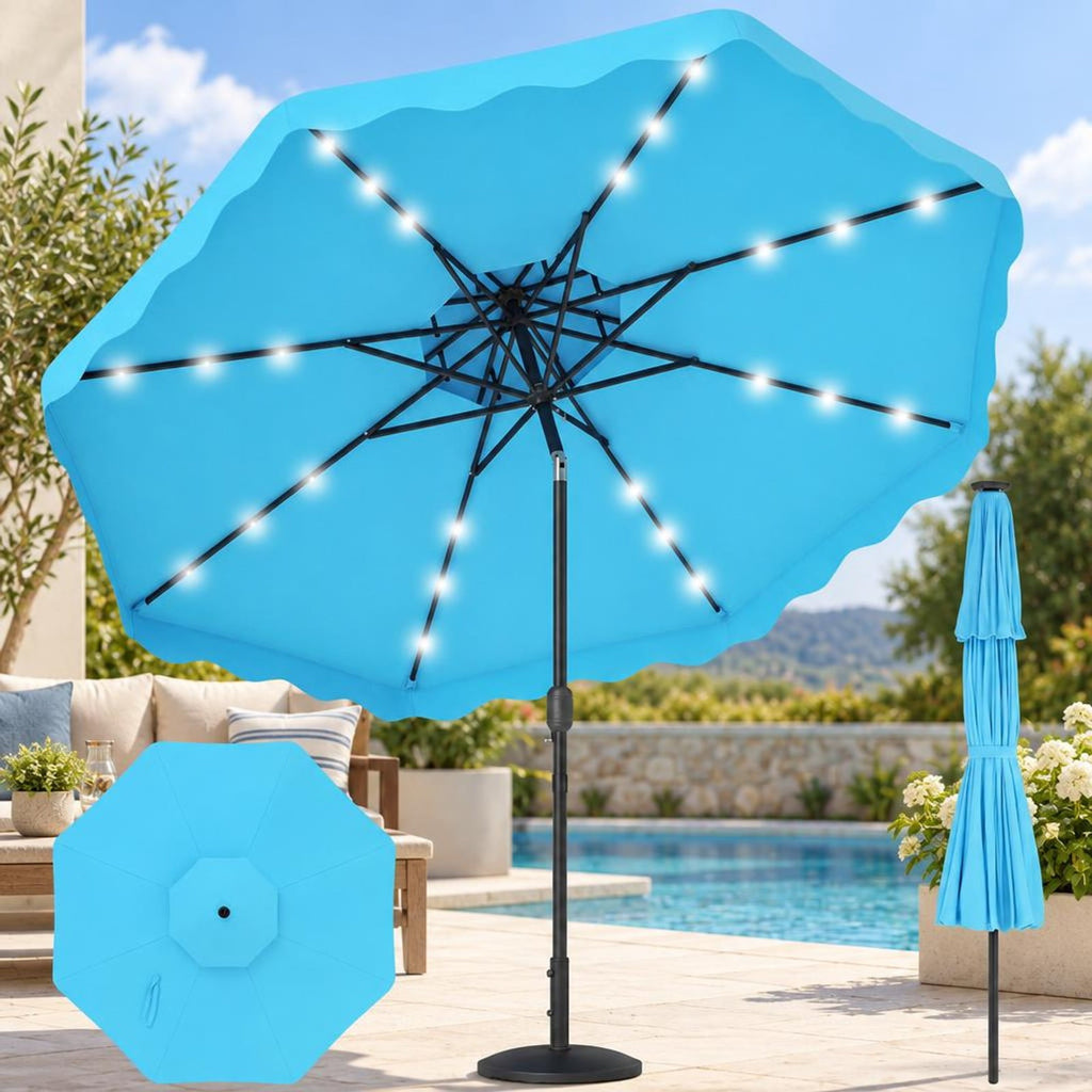 Airfind 9 FT Solar LED Patio Umbrella Push-Button Tilt and Crank 24 LED Lights and 8 Ribs, Polyester Fabric Metal Frame, 9 x 8.2 ft Footprint