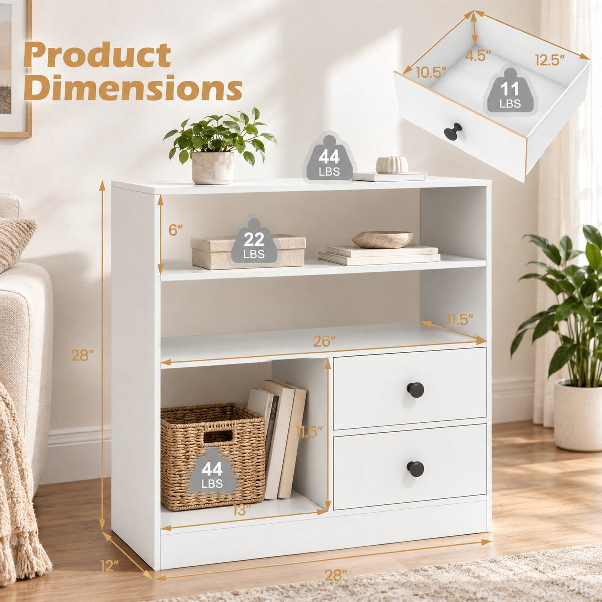 Airfind Open Storage Cabinet with 3 Open Compartments and 2 Drawer, 44 lbs Capacity, Engineered Wood Fabric Frame, 27.5 x 12 x 27.5 Footprint