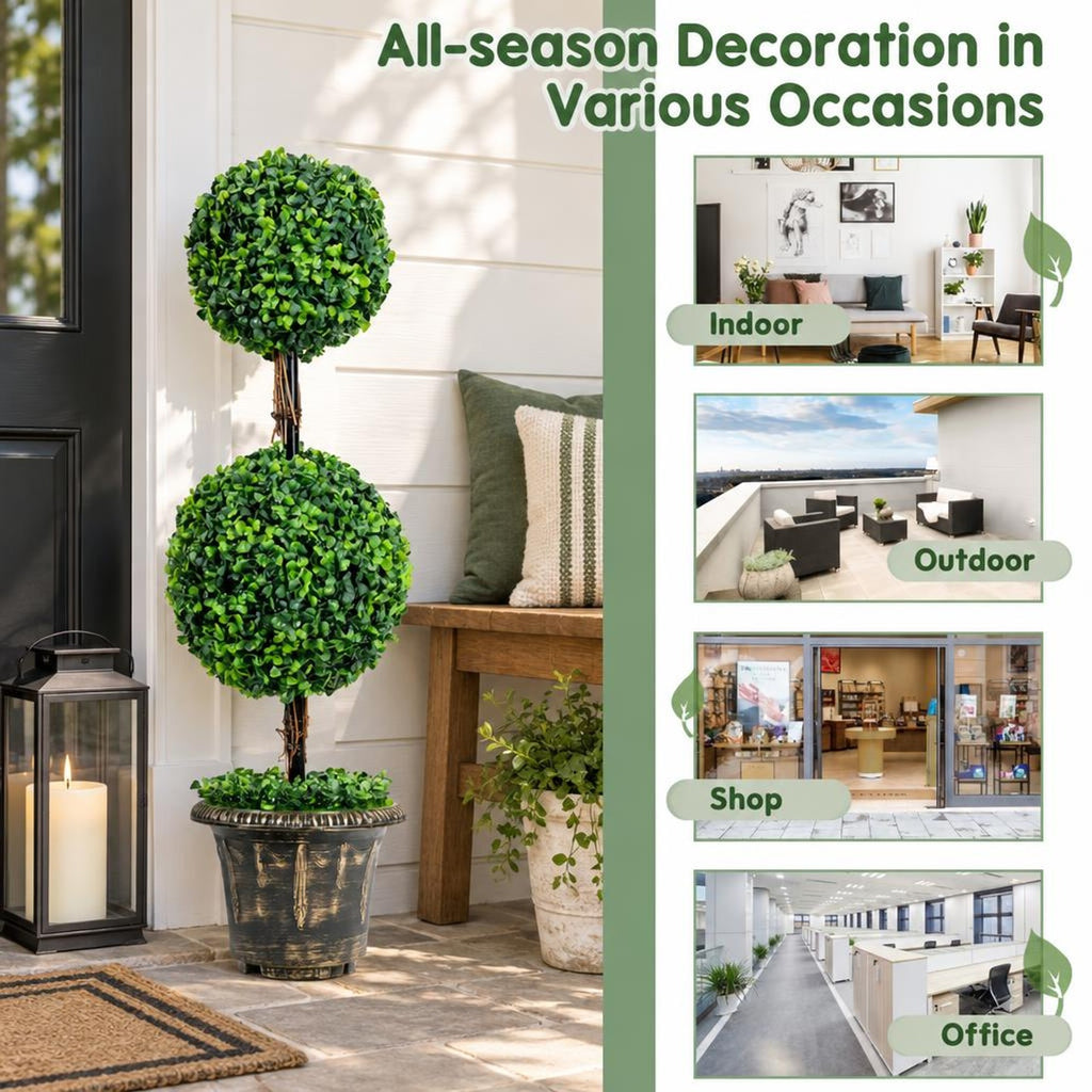 Airfind 36 Inch Artificial Double Ball Tree Indoor and Outdoor UV Protection, PE wood rattan iron tube cement Frame, Green