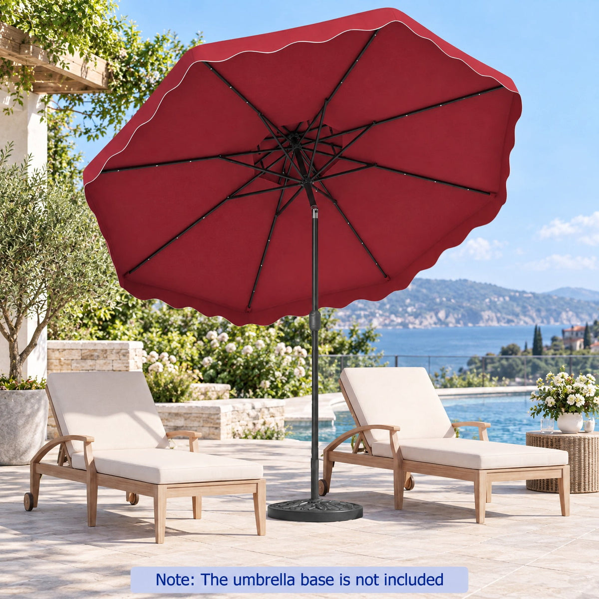 Airfind 9 FT Solar LED Patio Umbrella Push-Button Tilt and Crank 24 LED Lights and 8 Ribs, Polyester Fabric Metal Frame, 9 x 8.2 ft Footprint, Red