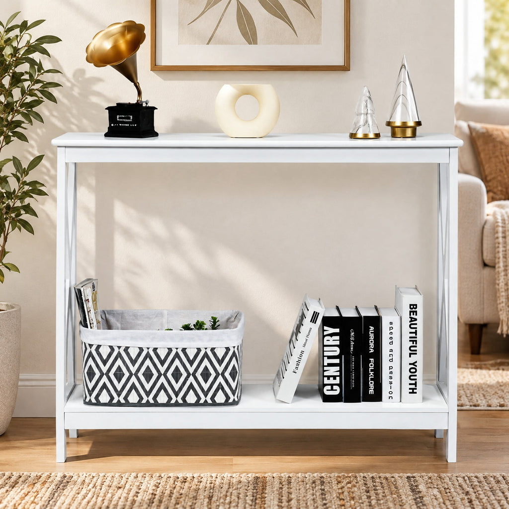 Airfind 2-Tier Console X-Design Sofa Side Accent Table, 66 lbs Capacity, P2 MDF Frame, 39.5 x 12 x 31.5 Footprint, White
