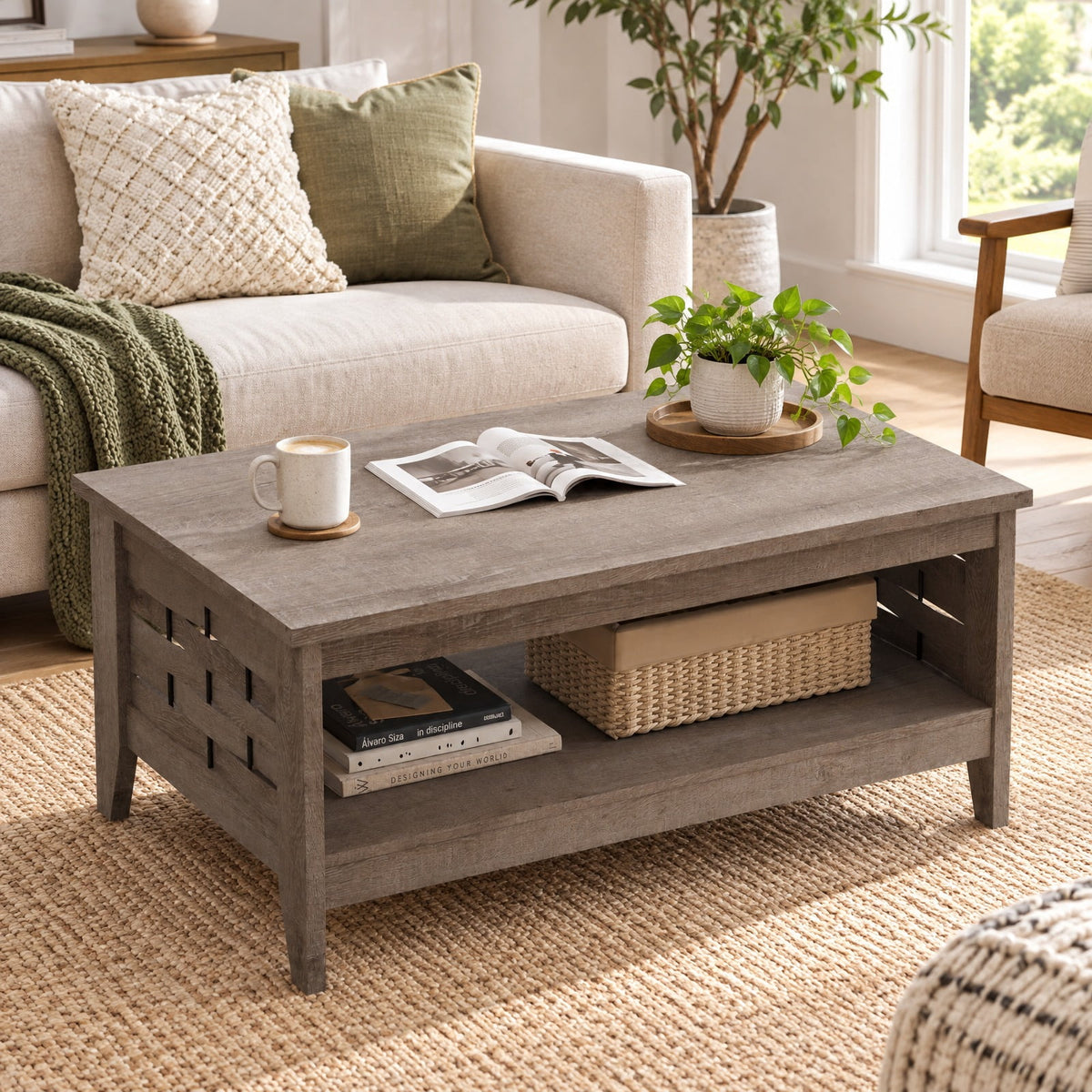 Airfind 2-Tier Farmhouse Coffee Table with Open Shelf and Woven Decorations for Living Room, 135 lbs Capacity, Engineered Wood MDF Frame, Coffee