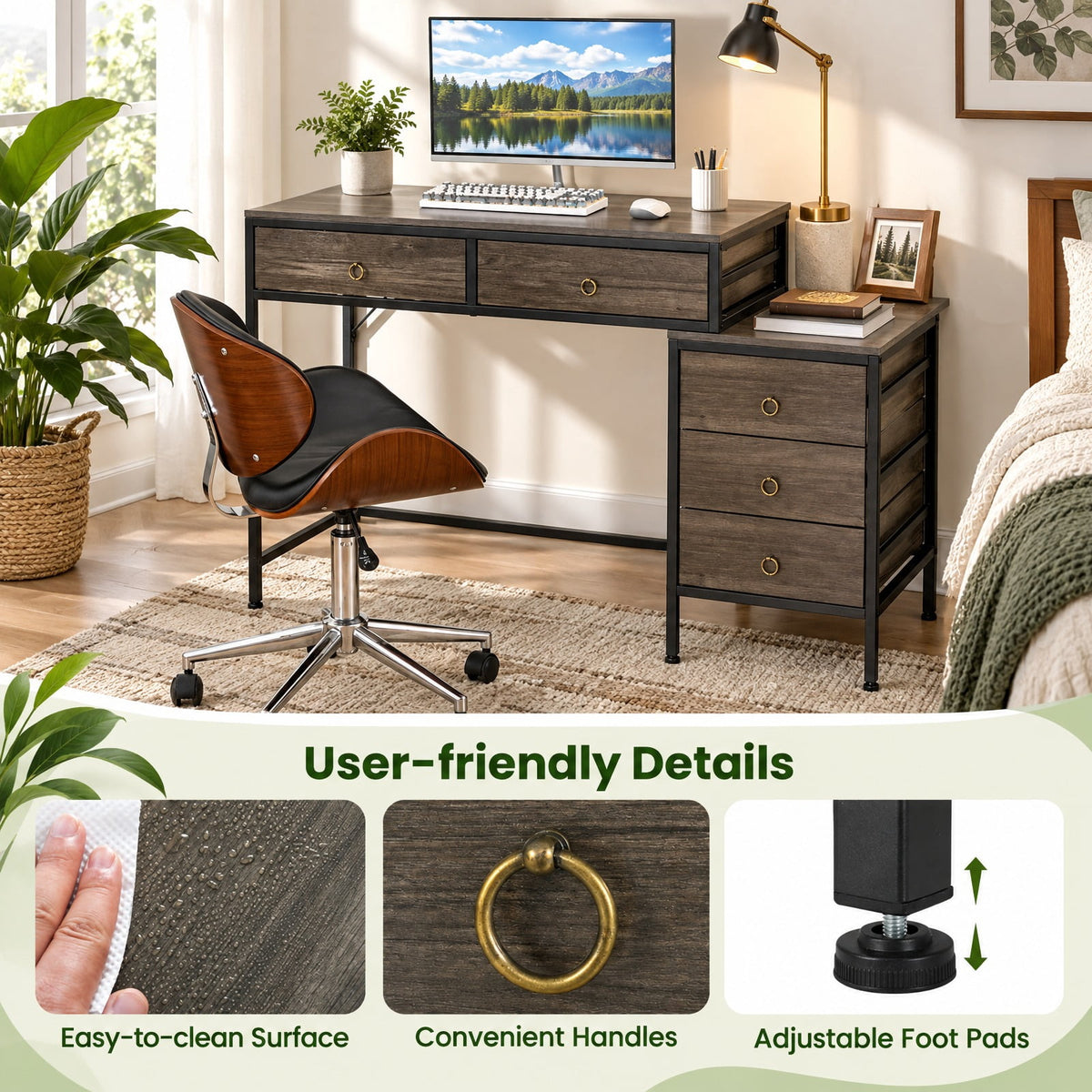 Airfind Computer Desk with 5 Drawers Home Office Desk with Side File Cabinet, 380 lbs Capacity, Engineered Wood Metal MDF Frame, Grey