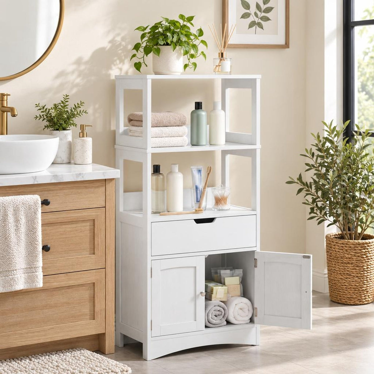 Airfind Bathroom Storage Cabinet with Drawer and Shelf Floor Cabinet, 20 lbs Capacity, MDF PB Frame, White