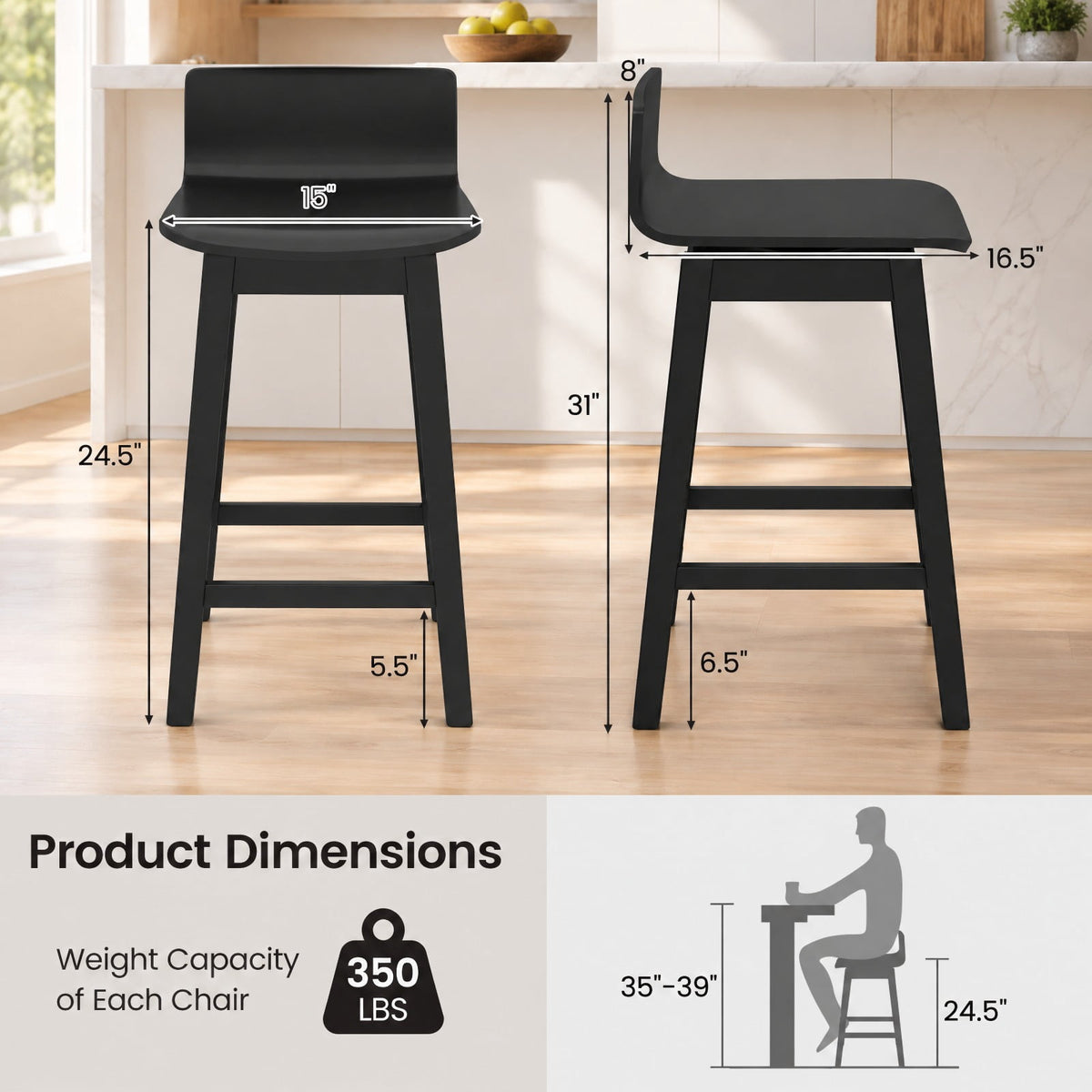 Airfind 24.5 Inch Swivel Wooden Bar Stools Set of 2 with Rubber Wood Legs and Low Back, 350 lbs Capacity, Rubber Wood Plywood Frame, Black