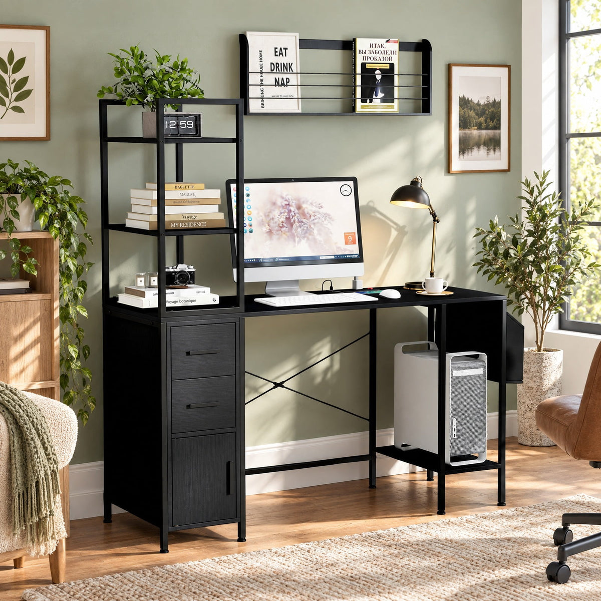 Airfind Office Desk with LED Lights and Power Outlets Computer Desk with Open Shelves, 200 lbs Capacity, Engineered Wood Metal Fabric Frame, Black