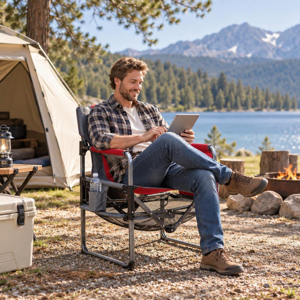 Airfind Heavy Duty Outdoor Camping Chair with Cup Holder and Side Pocket, 330 lbs Capacity, Metal Nylon Mesh PVC Fabric PP Frame, Red