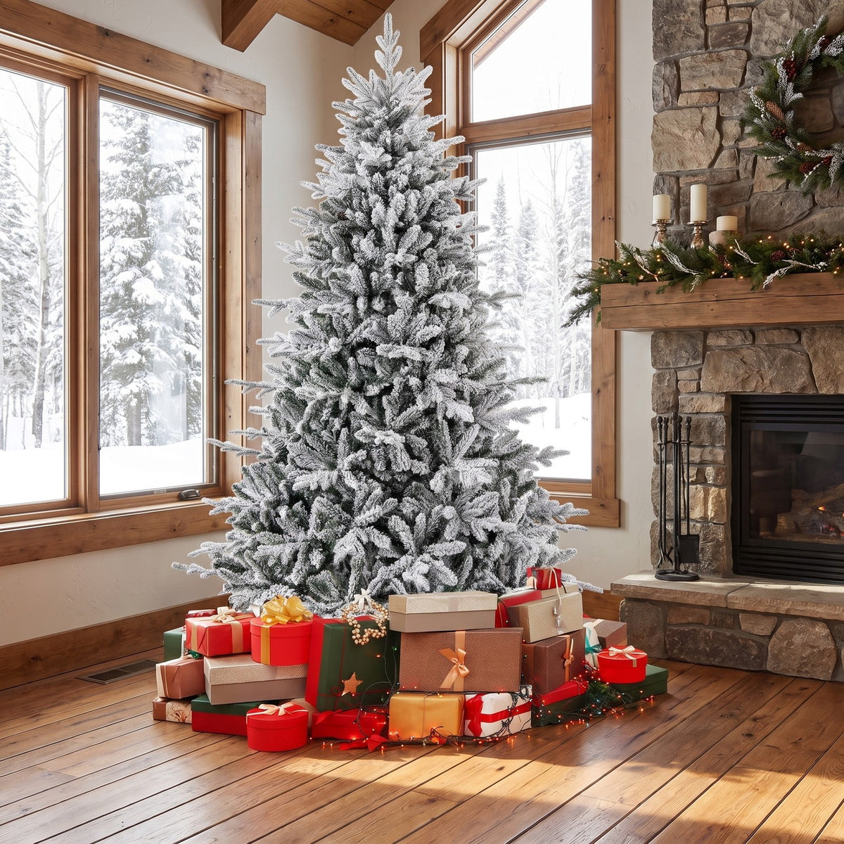 Airfind 7 Feet Flocked Christmas Tree with 8 Lighting Modes and Multi-Color LED Lights-7 ft, Green and White