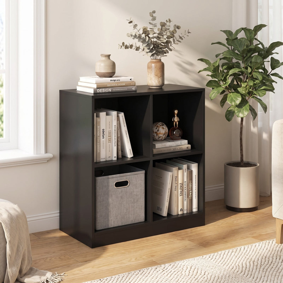 Airfind 4-Cube Kids Bookcase with Open Shelves, 60 lbs Capacity, Engineered wood Frame, 29 Inch x 13 Inch x 29 Inch Footprint, Black