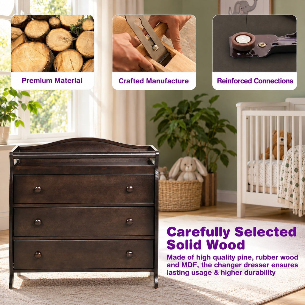 Airfind Baby Changing Table Infant Diaper with 3 Drawers and Safety Belt, Pine wood rubber wood MDF Frame, Brown
