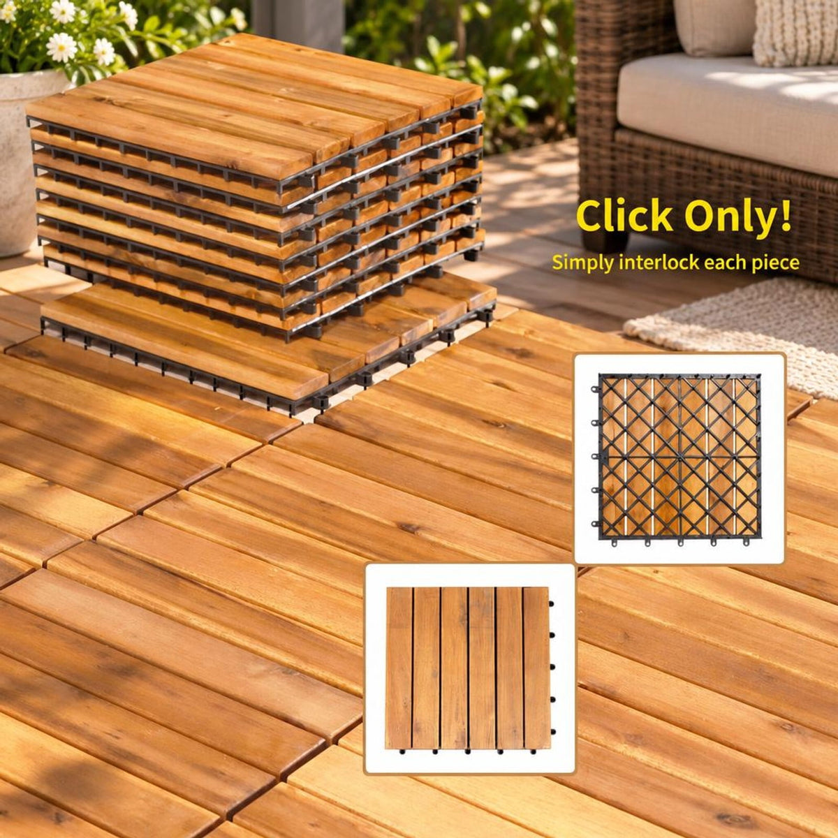Airfind 27 Pieces Acacia Wood Interlocking Patio Deck Tile, Acacia Wood Plastic, 12 Inch X 12 Inch X 1 Inch (l X W X L) Covering Area: 27 Sq.ft, Natural