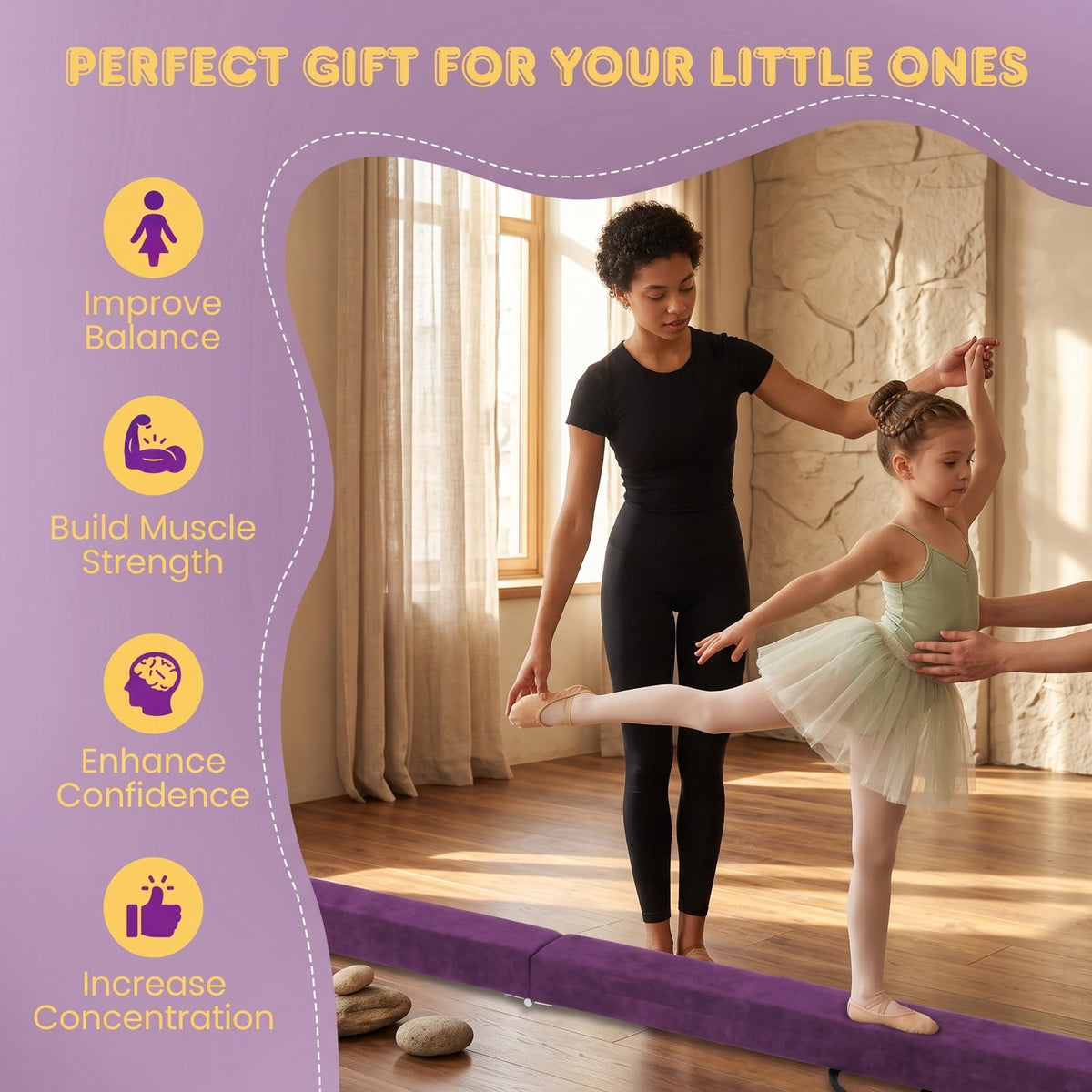 Airfind Folding Balance Beam for Kids with Solid Wood Base and Anti-slip Bottom for Home Gymnastics Training and Practice, Purple