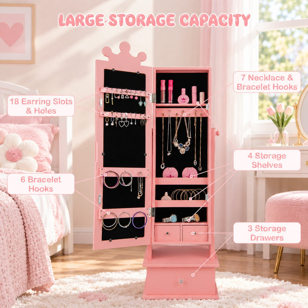 Airfind 2-in-1 Kids Play Jewelry Armoire with Full Length Mirror and Drawers, MDF Glass Frame, for 3+ Years Old, 13.5 x 12 x 40.5/44.5 Footprint