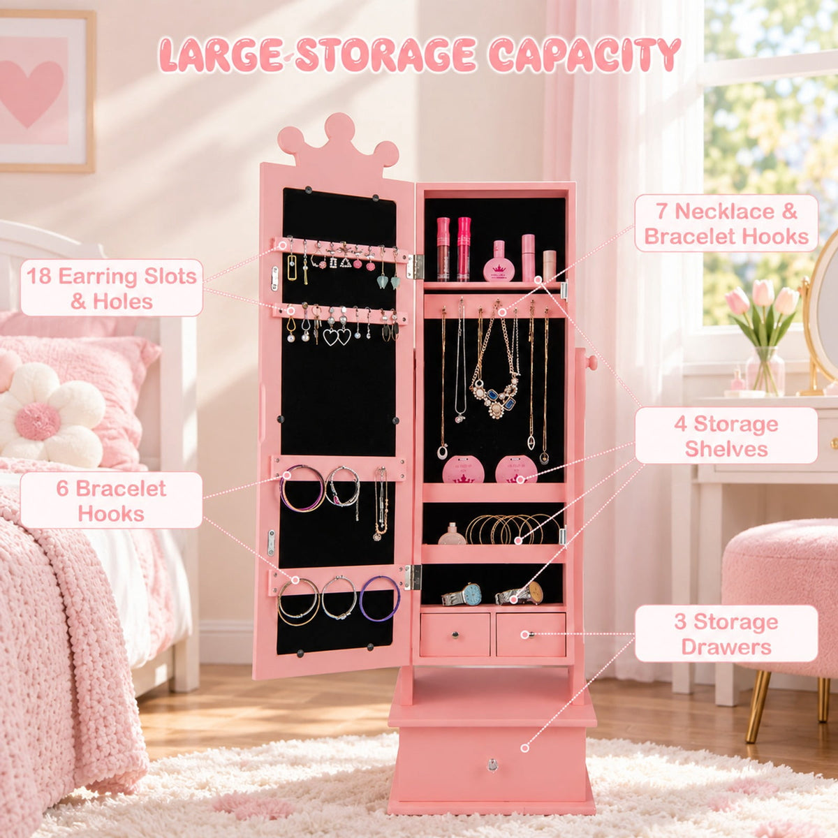 Airfind 2-in-1 Kids Play Jewelry Armoire with Full Length Mirror and Drawers, MDF Glass Frame, for 3+ Years Old, 13.5 x 12 x 40.5/44.5 Footprint