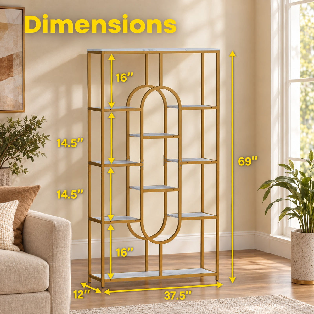 Airfind 5-Tier Tall Etagere Bookcase with Open Storage Shelves, 88 lbs Capacity, Metal Engineered Wood Frame, White
