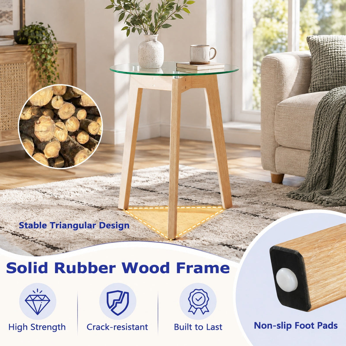 Airfind Tempered Glass End Table Round with Solid Rubber Wood Structure-Set of 2, 110 lbs Capacity, Tempered Glass Rubber Wood Plywood Frame