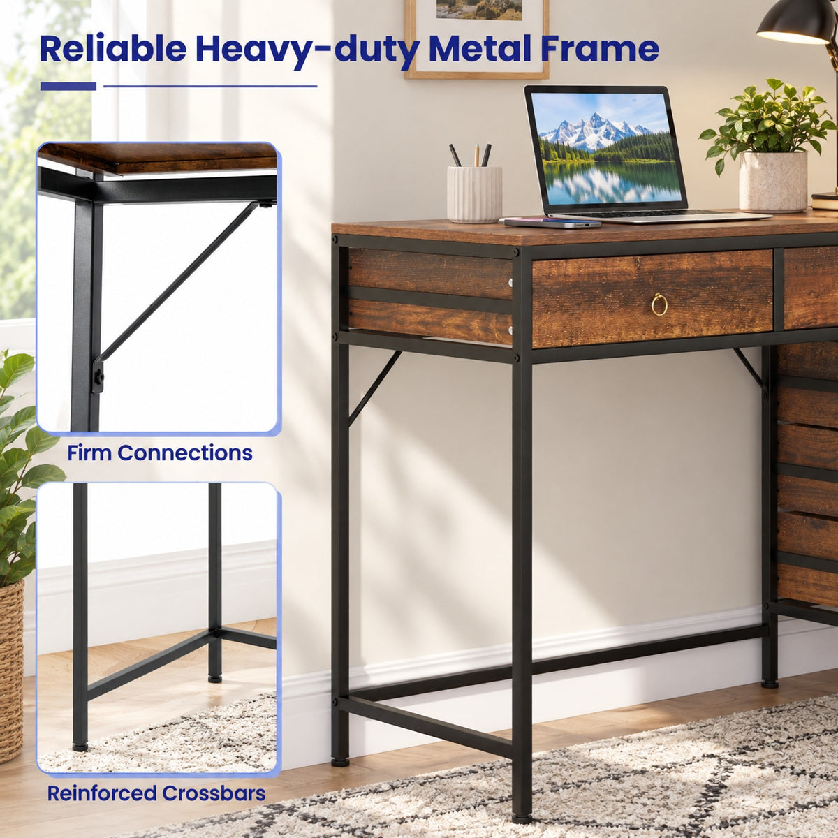 Airfind Computer Desk with 5 Drawers Home Office Desk with Side File Cabinet, 380 lbs Capacity, Engineered Wood Metal MDF Frame, Brown