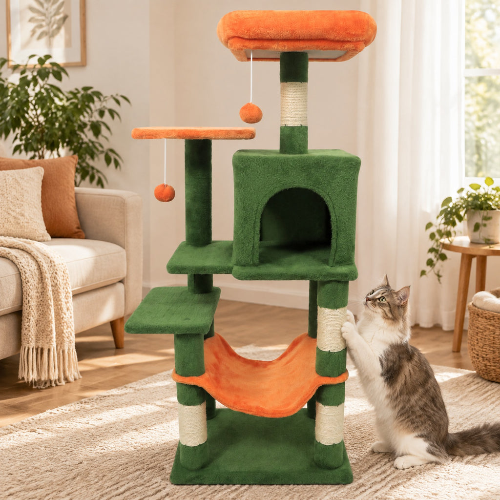 Airfind Multi-Level Cat Tower with 2-Door Condo and Padded Top Perch, PP Cotton Fabric Sisal Engineered Wood Overall Height 44 Base Frame, Green
