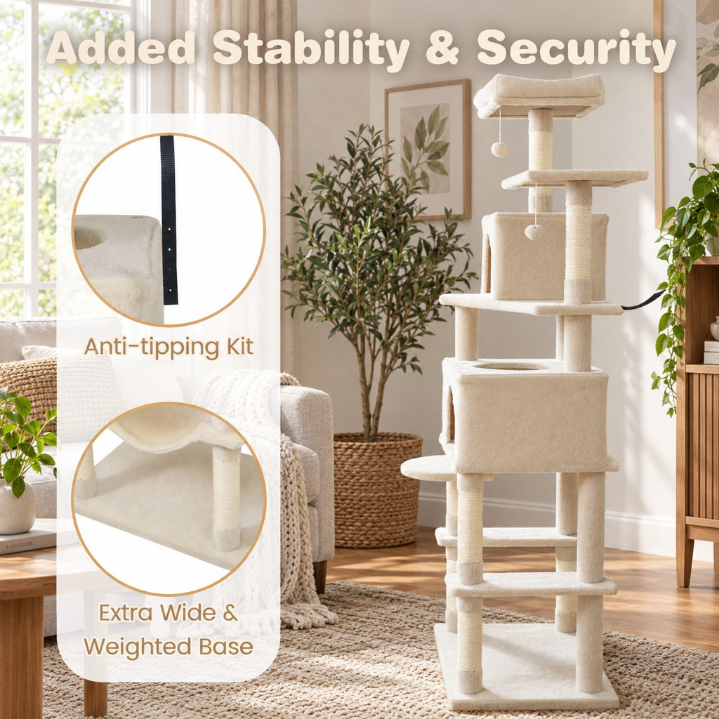 Airfind Multi-level Cat Tree Modern Cat Tower with Upholstered Perch and 2 Cat Condo, 24 x 18.5 Footprint, Beige