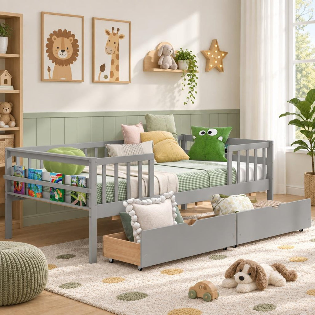 Airfind Twin Daybed with Fence and 2 Drawers Kids Bed for Boys Girls, 200 lbs Capacity, Pine Wood MDF Engineered Wood Plywood Frame, Gray