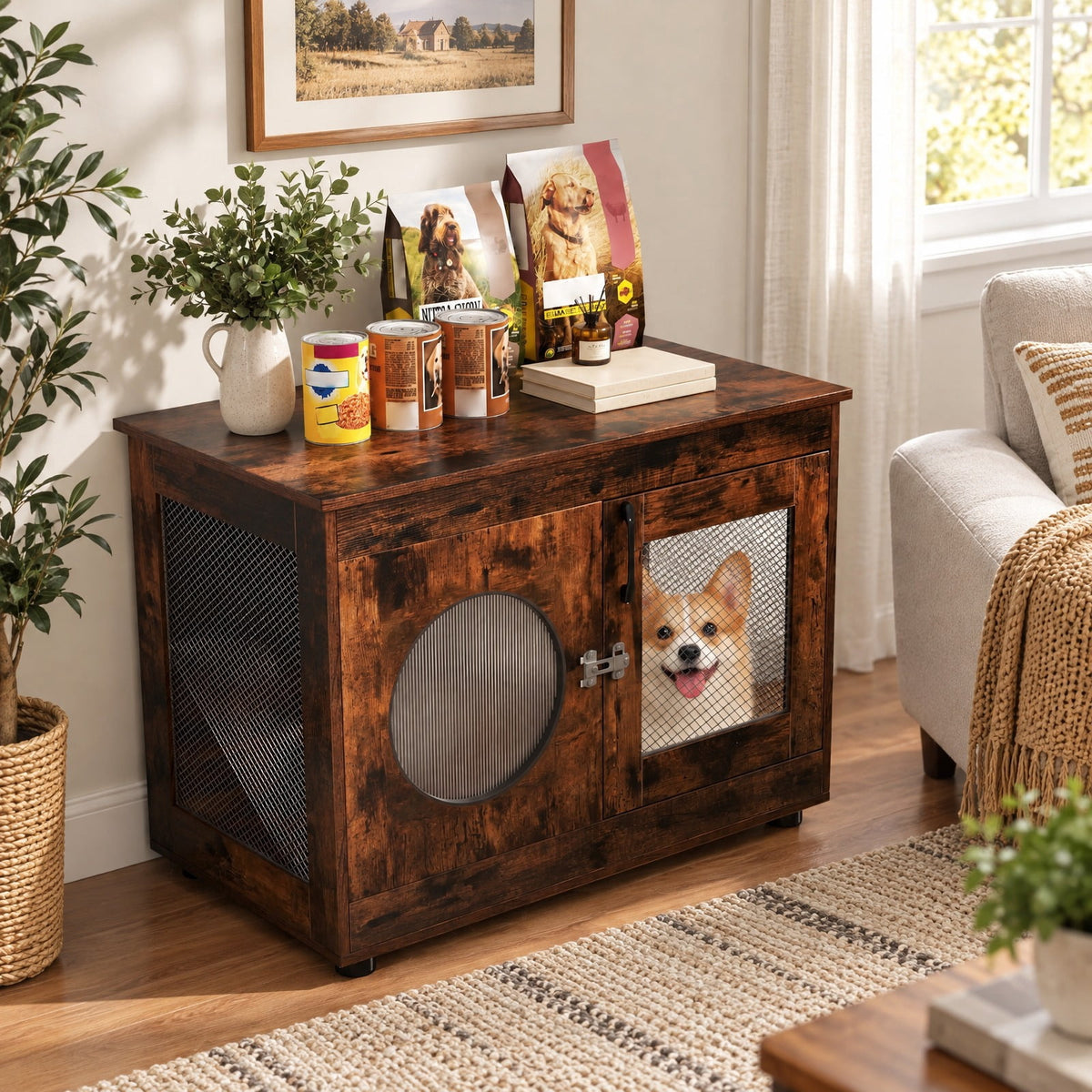 Airfind Furniture Style Dog Crate for Small and Medium Dogs with Translucent Window and Lockable Door, 88 lbs Capacity, Brown