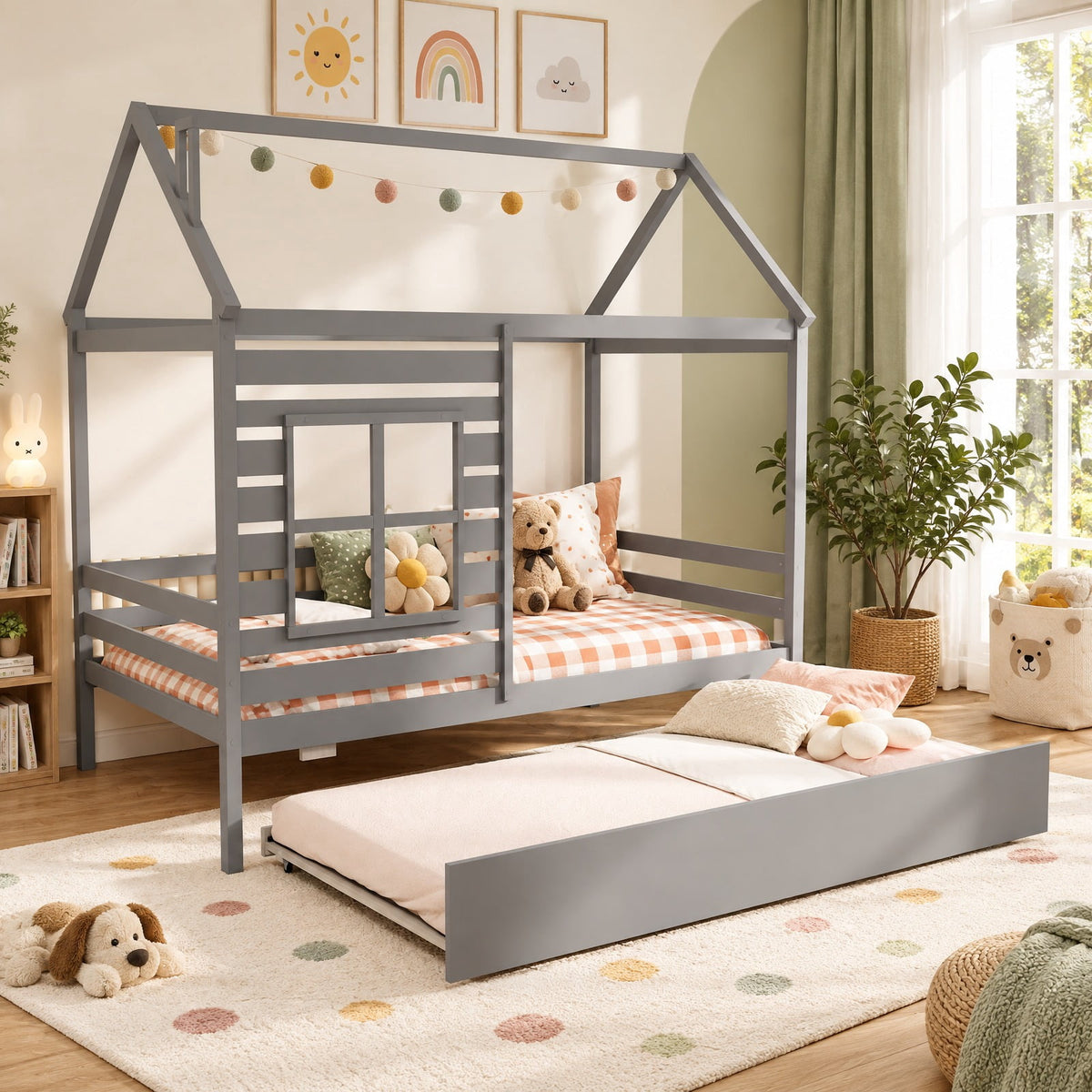 Airfind Twin Size Wooden Platform House Bed with Trundle and Roof, 250 lbs Capacity, Solid Wood Plywood Slats Engineered Wood Frame, Grey