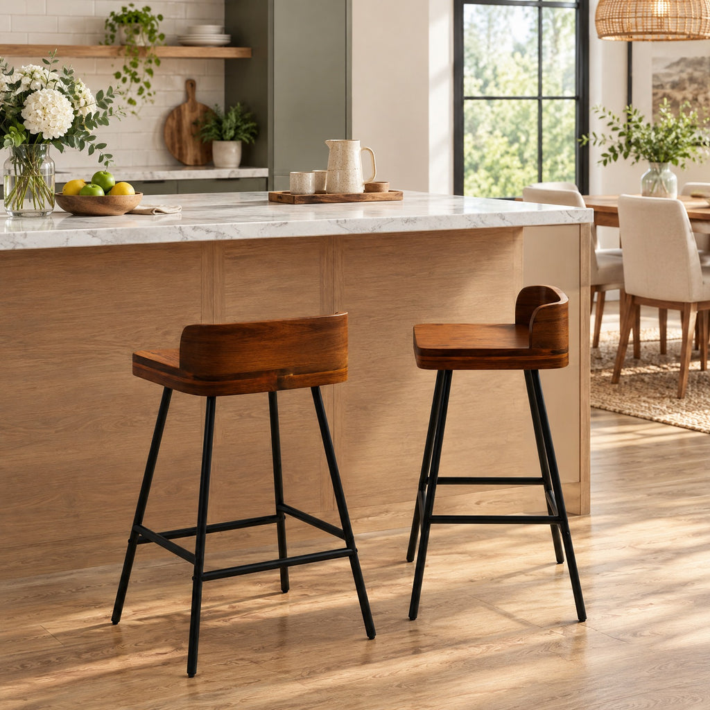 Airfind Set of 2 Counter Height Bar Stool with Low Back Metal Legs and Footrest for Kitchen Island, Bar Stool 330 lbs Capacity, Brown