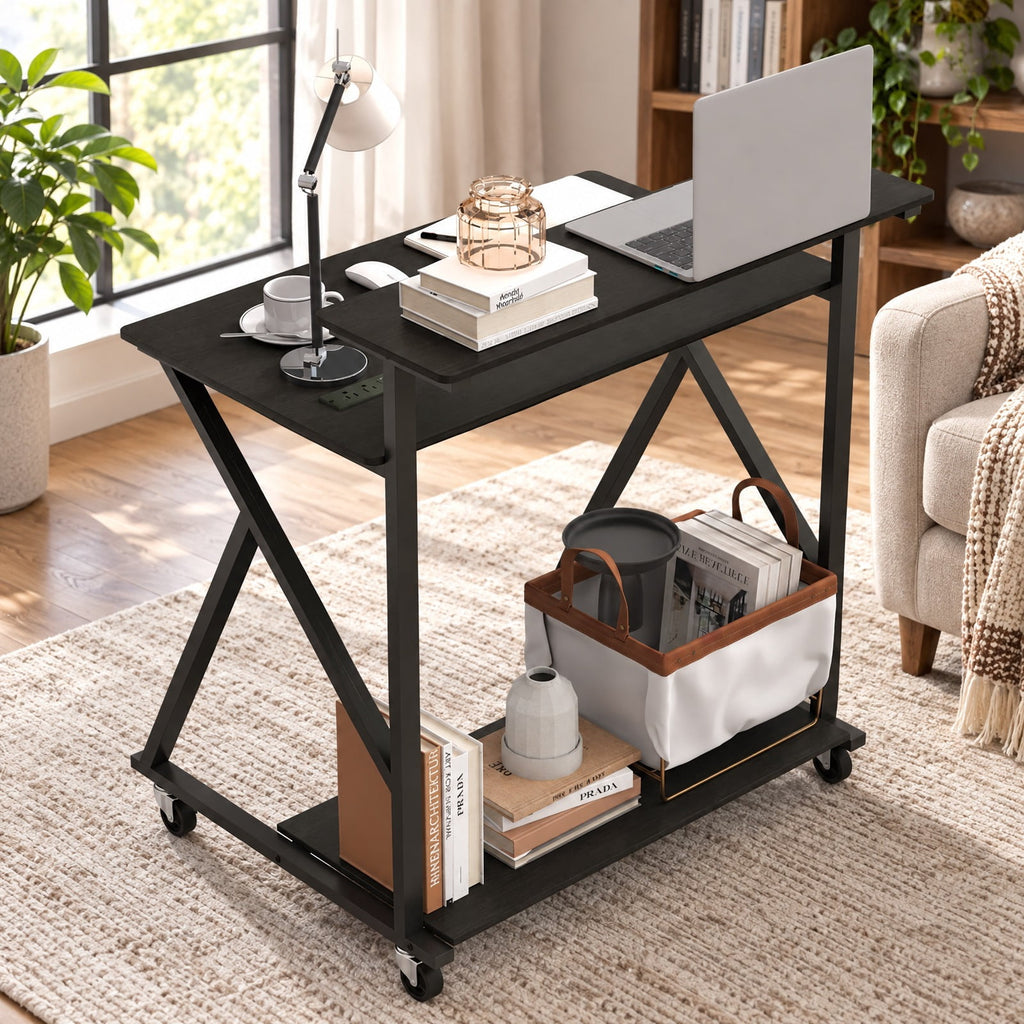 Airfind 32 Inch Rolling Computer Desk for Small Spaces with Power Outlets, 155 lbs Capacity, Engineered Wood Metal Frame, Black