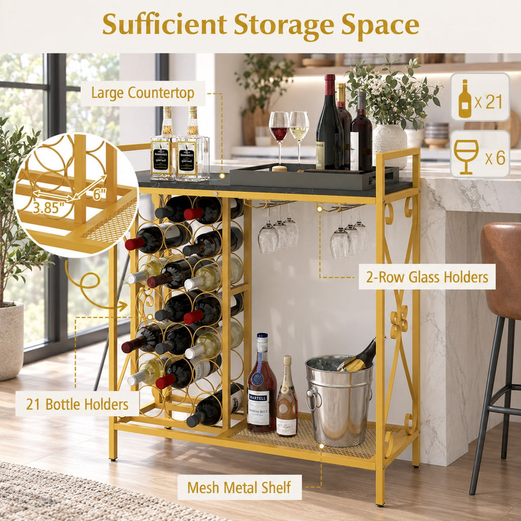 Airfind 21 Bottle Wine Rack Freestanding Floor Wine Bottle Organizer with Glass Holder, 44 lbs Capacity, Metal Engineered Wood Frame, Rustic Brown