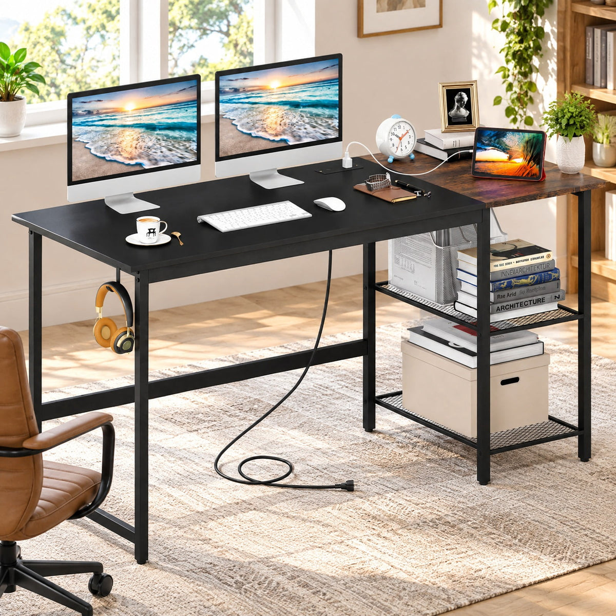 Airfind 59 Inch Home Office Computer Desk with Removable Storage Shelves, 275 lbs Capacity, Metal Engineered Wood Frame, 59 x 24 x 30 Footprint